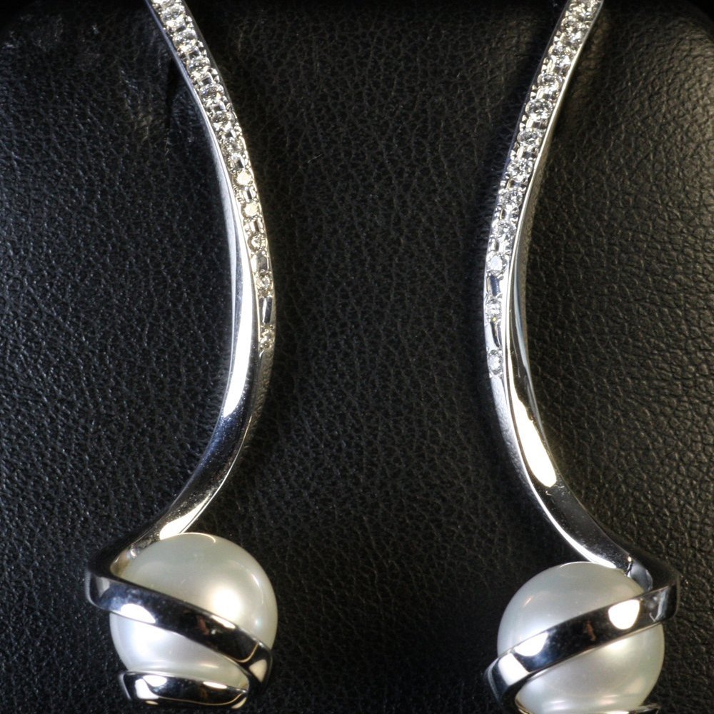 Mikimoto 18K White Gold Twist Pearl & Diamond Earrings