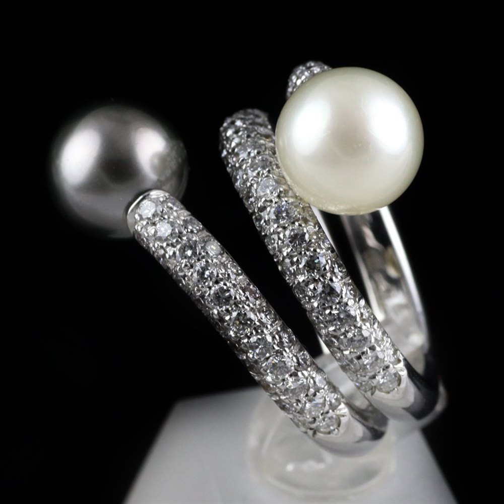 Mikimoto 18K White Gold White & Black Natural Pearl Paved Diamond Ring