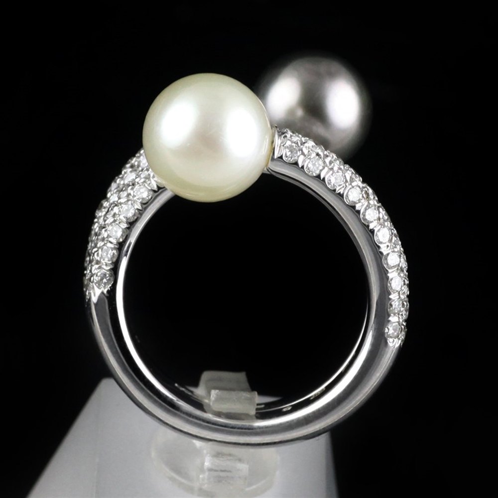 Mikimoto 18K White Gold White & Black Natural Pearl Paved Diamond Ring