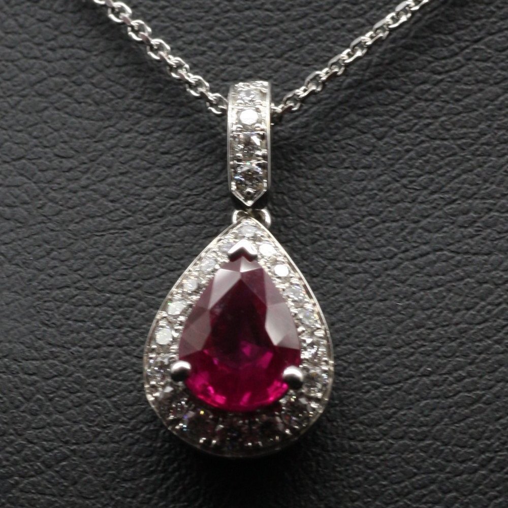 Mappin & Webb 18K White Gold Pear Cut Natural Ruby & Diamond Pendant Necklace