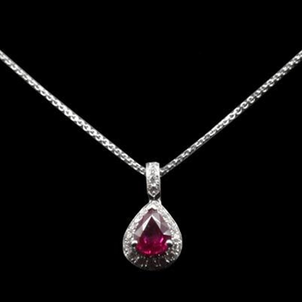 Mappin & Webb 18K White Gold Pear Cut Natural Ruby & Diamond Pendant Necklace