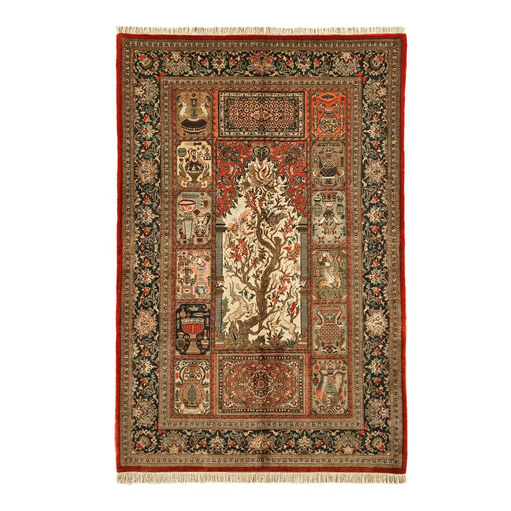 VINTAGE PART SILK QUM PERSIAN RUG 