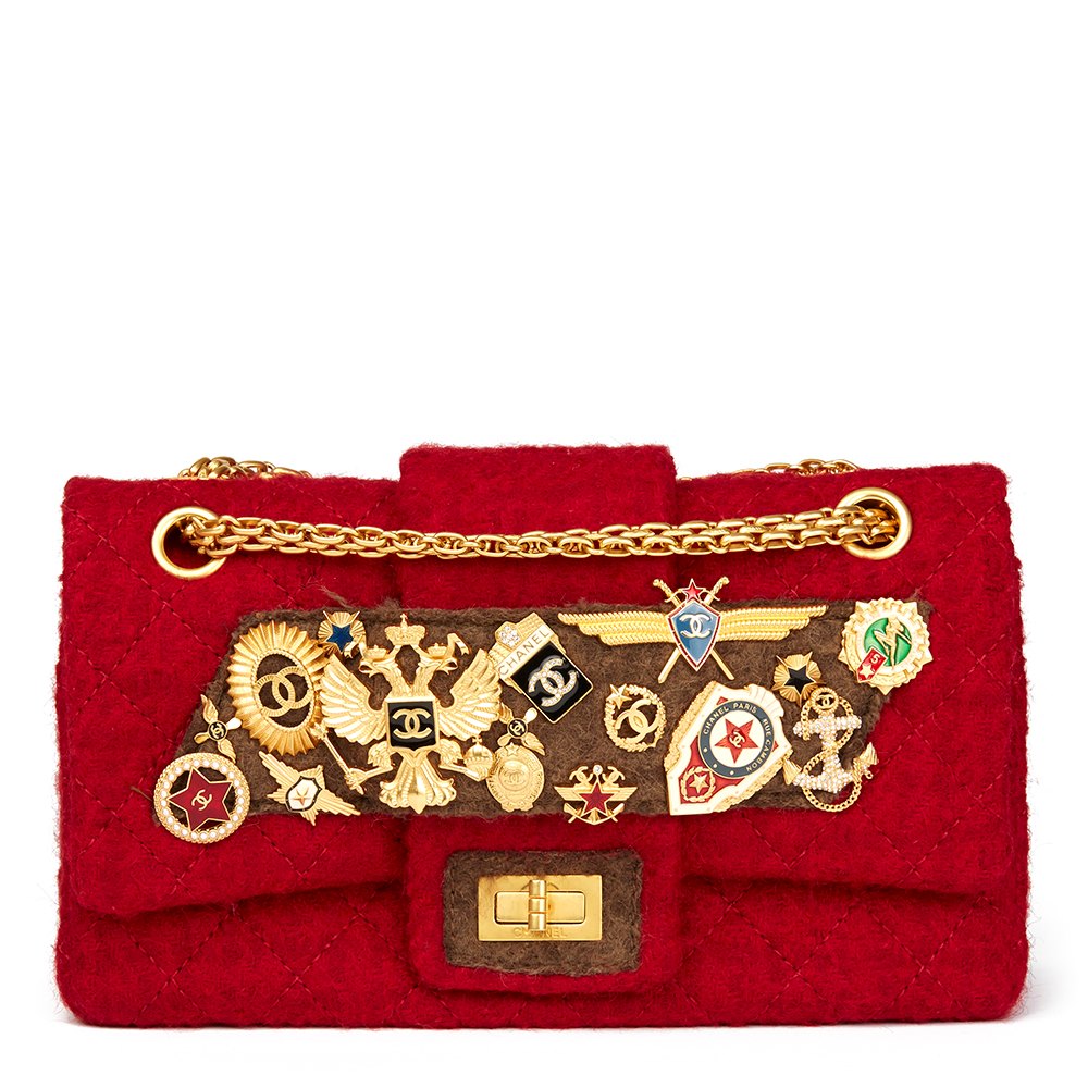 Chanel Red Quilted Wool Fabric Romanov Charms 2.55 Reissue 225 Double Flap Bag