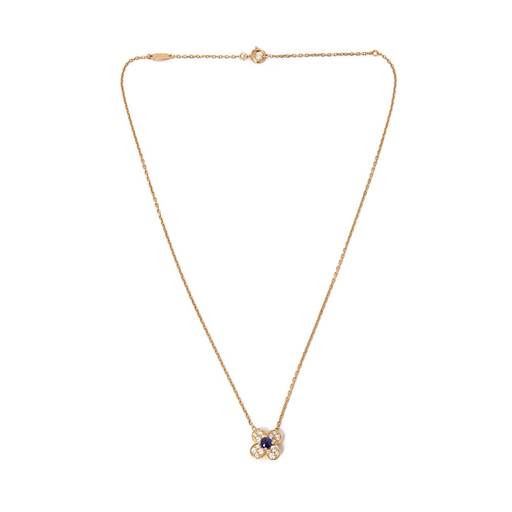 Van Cleef & Arpels 18k Yellow Gold Sapphire & Diamond Flower Trefle Necklace