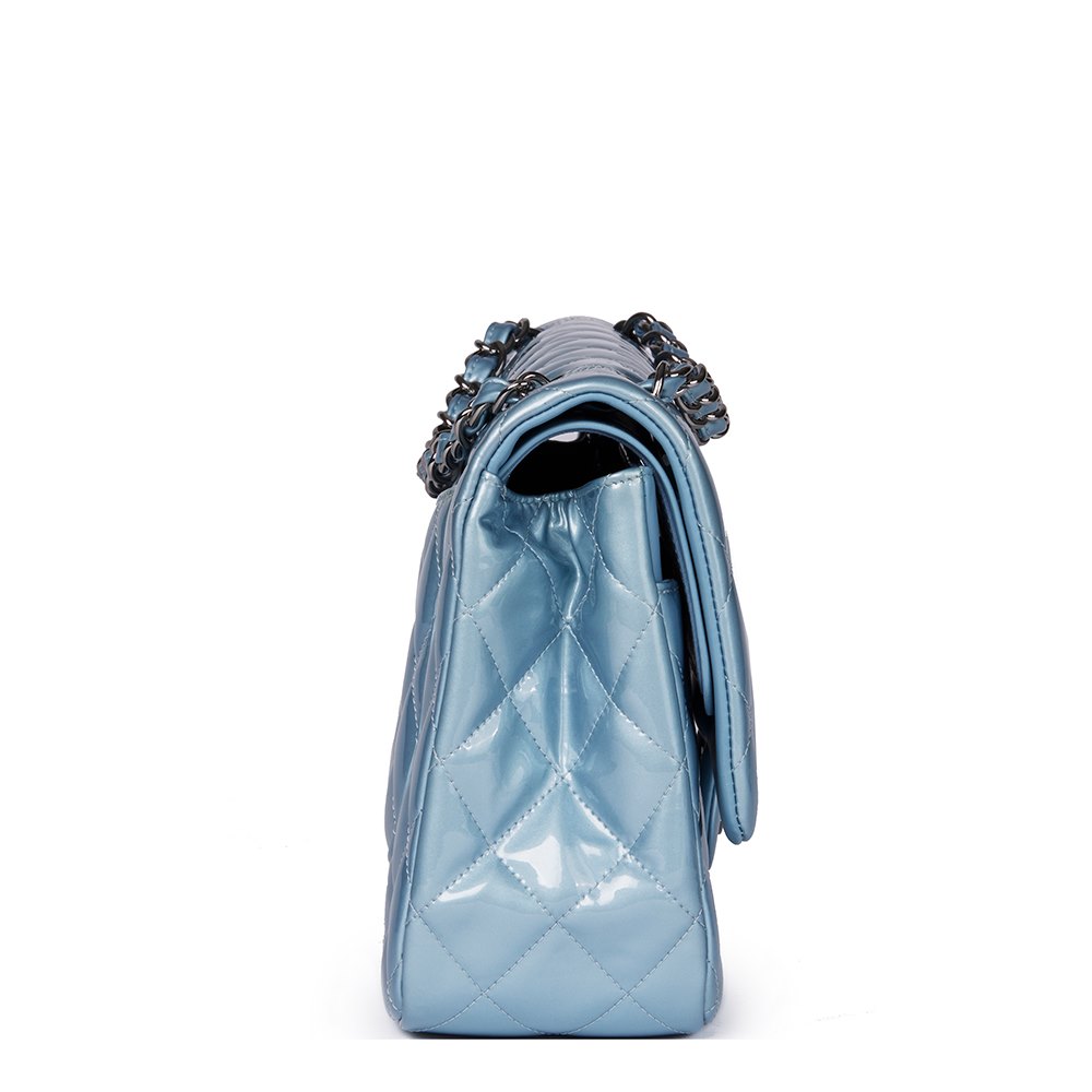 Chanel Sky Blue Quilted Iridescent Patent Leather Jumbo Classic Double Flap  Bag at 1stDibs