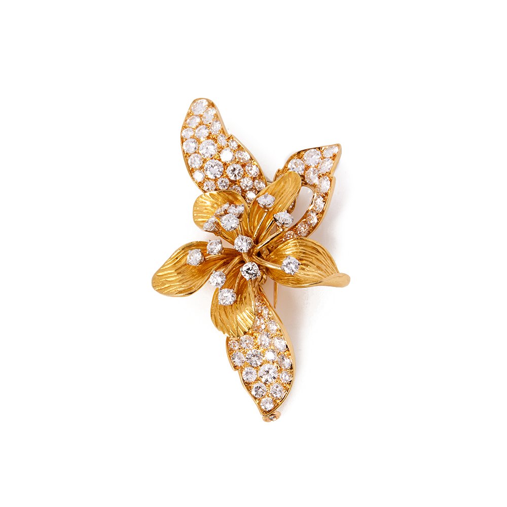 Diamond 18k Yellow Gold Diamond Vintage Orchid Brooch