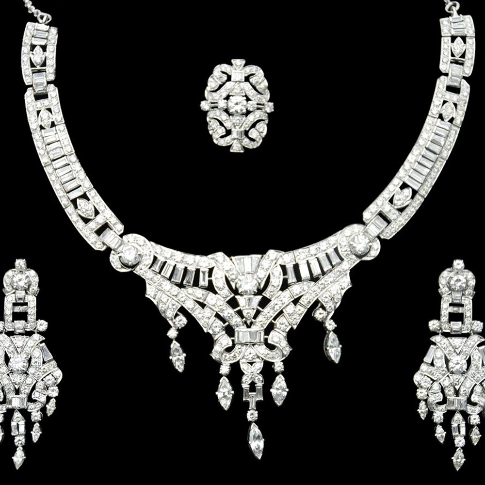 18k White Gold 18k White Gold Diamond Encrusted Necklace, Earrings and Ring