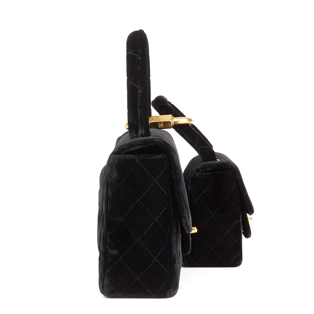 Chanel Black Quilted Velvet Vintage Medium Kelly Flap Bag Mini Charm Set
