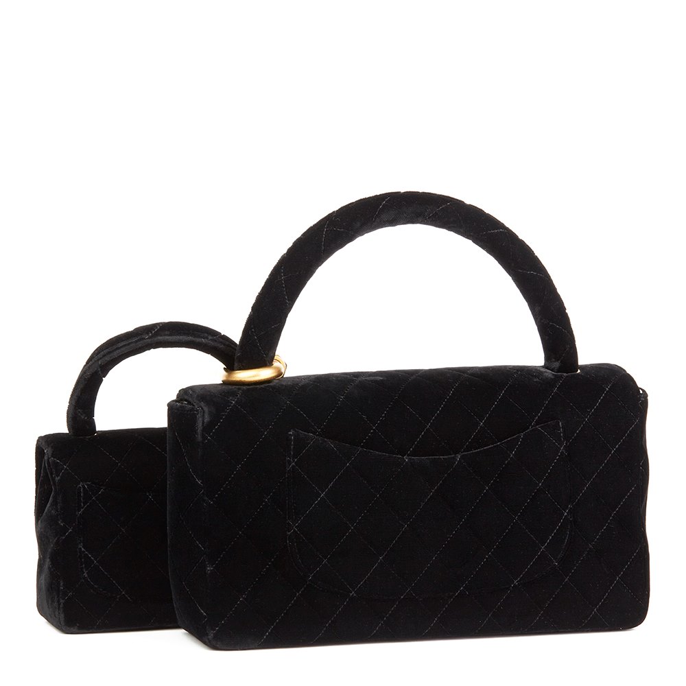 Chanel Black Quilted Velvet Vintage Medium Kelly Flap Bag Mini Charm Set