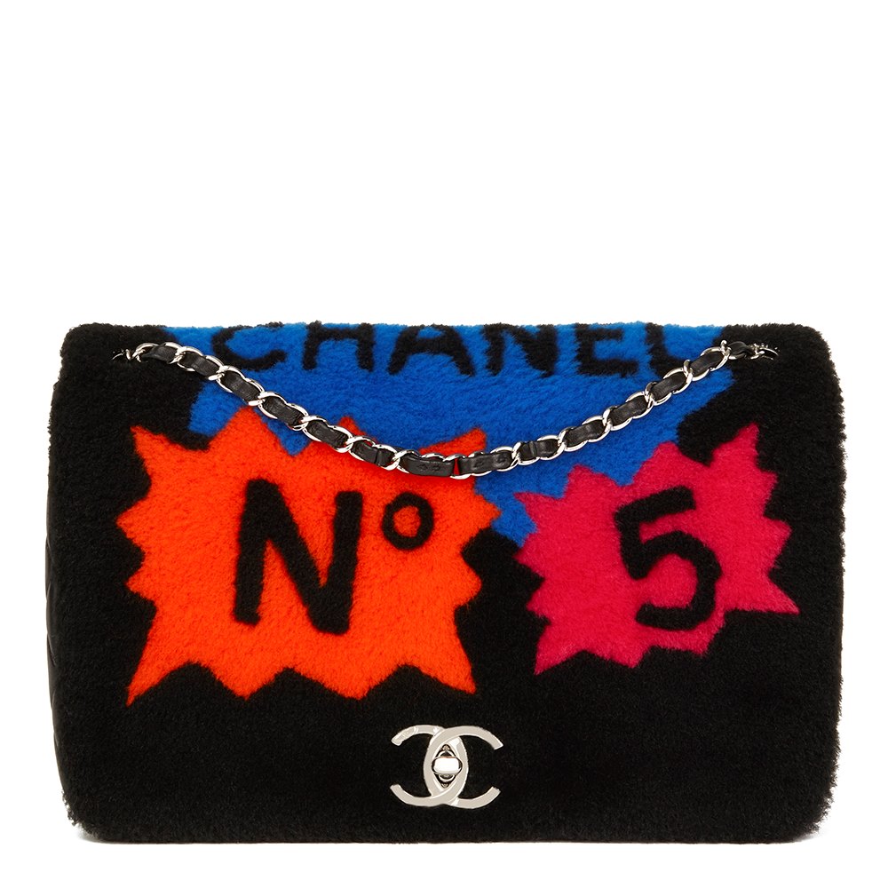 Chanel Black Shearling & Quilted Lambskin Jumbo Patchwork Shearling Flap Bag