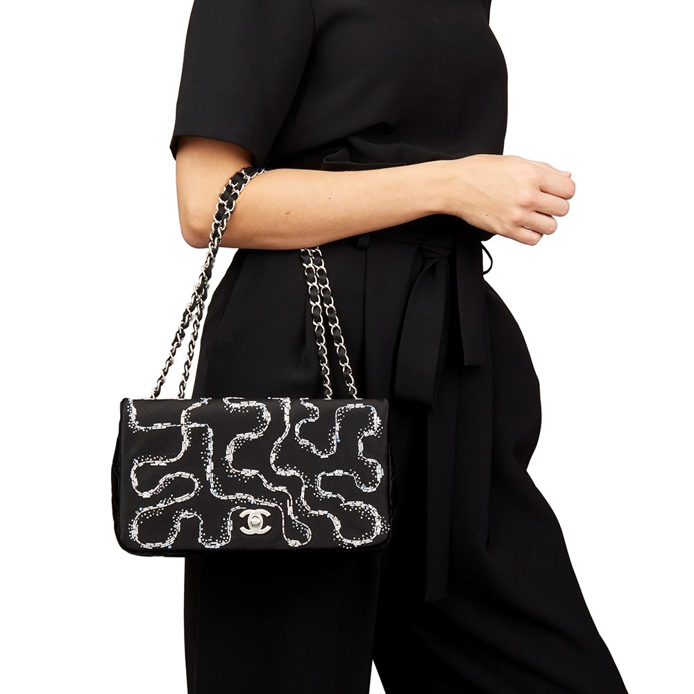 Chanel Black Quilted & Embellished Satin LED Illuminating Medium Classic Single Full Flap Bag