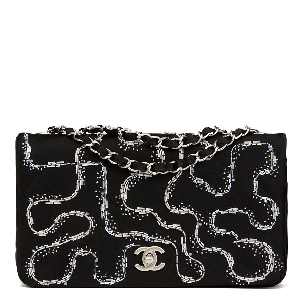 Chanel Black Quilted & Embellished Satin LED Illuminating Medium Classic Single Full Flap Bag