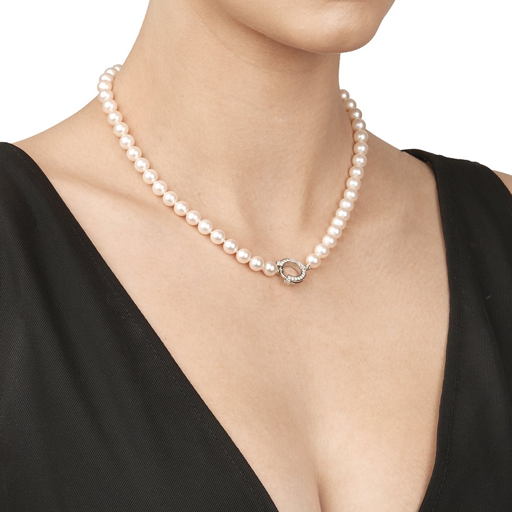 Cartier 18k White Gold Akoya Pearl & Diamond Agrafe Necklace