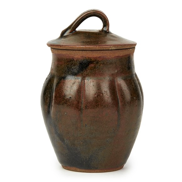 SONIA LEWIS STUDIO POTTERY BROWN GLAZED LIDDED JAR