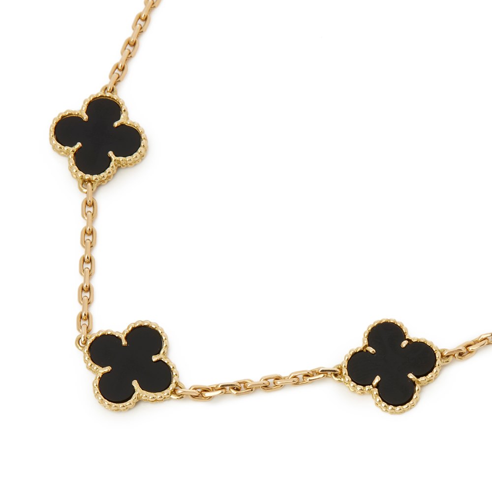Van Cleef & Arpels 18k Yellow Gold Onyx Vintage Alhambra Necklace