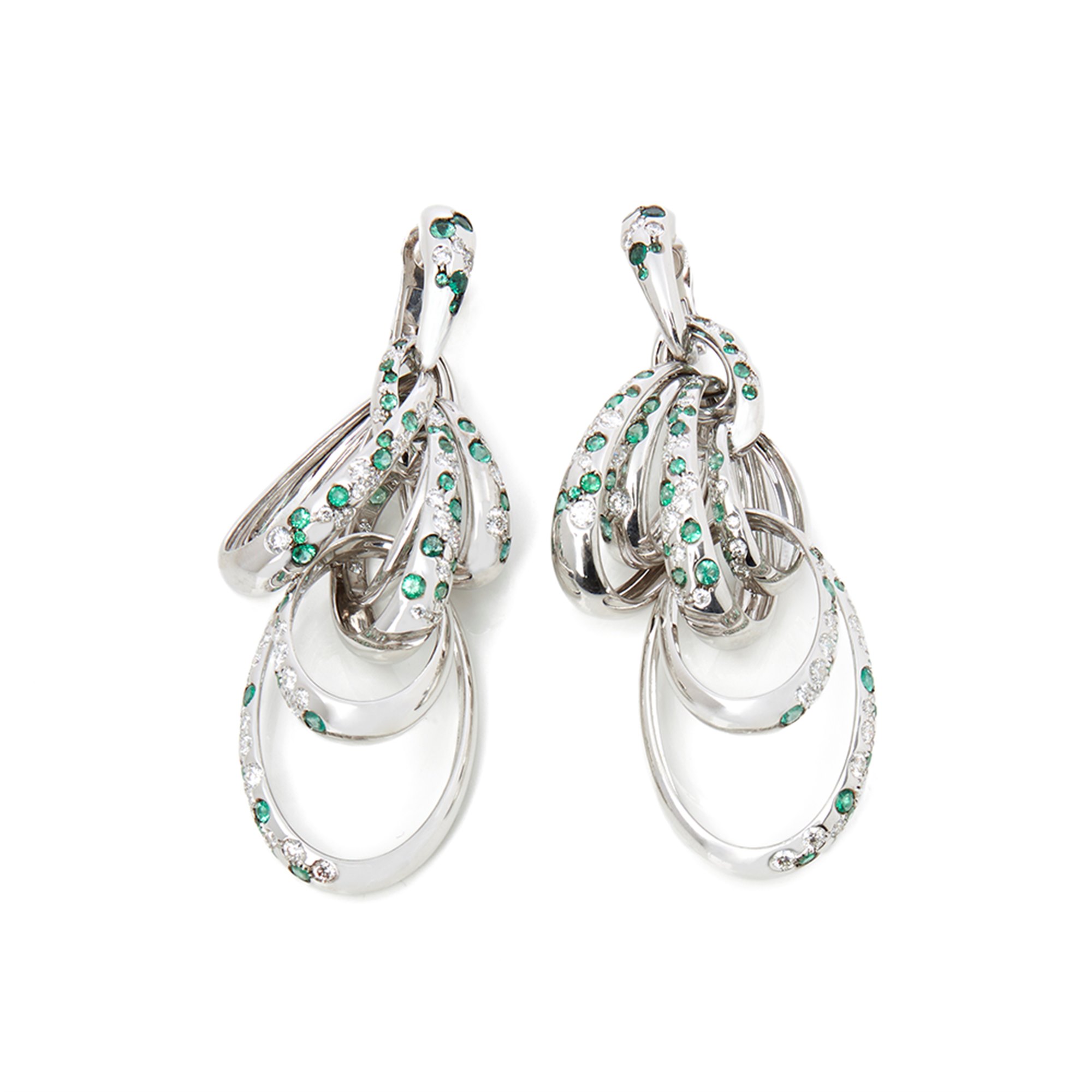 De Grisogono 18k White Gold Diamond & Emerald Drop Catene Earrings