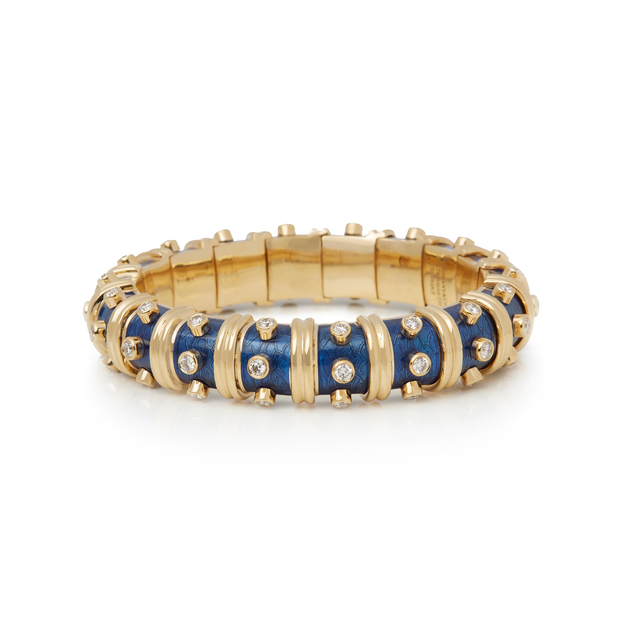 Tiffany & Co. 18k Yellow Gold Diamond & Blue Enamel Schlumberger Bracelet