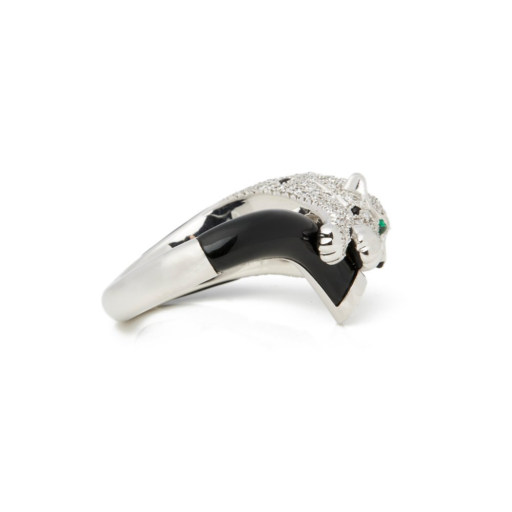 Cartier 18k White Gold Diamond, Emerald & Onyx Panthère Ring