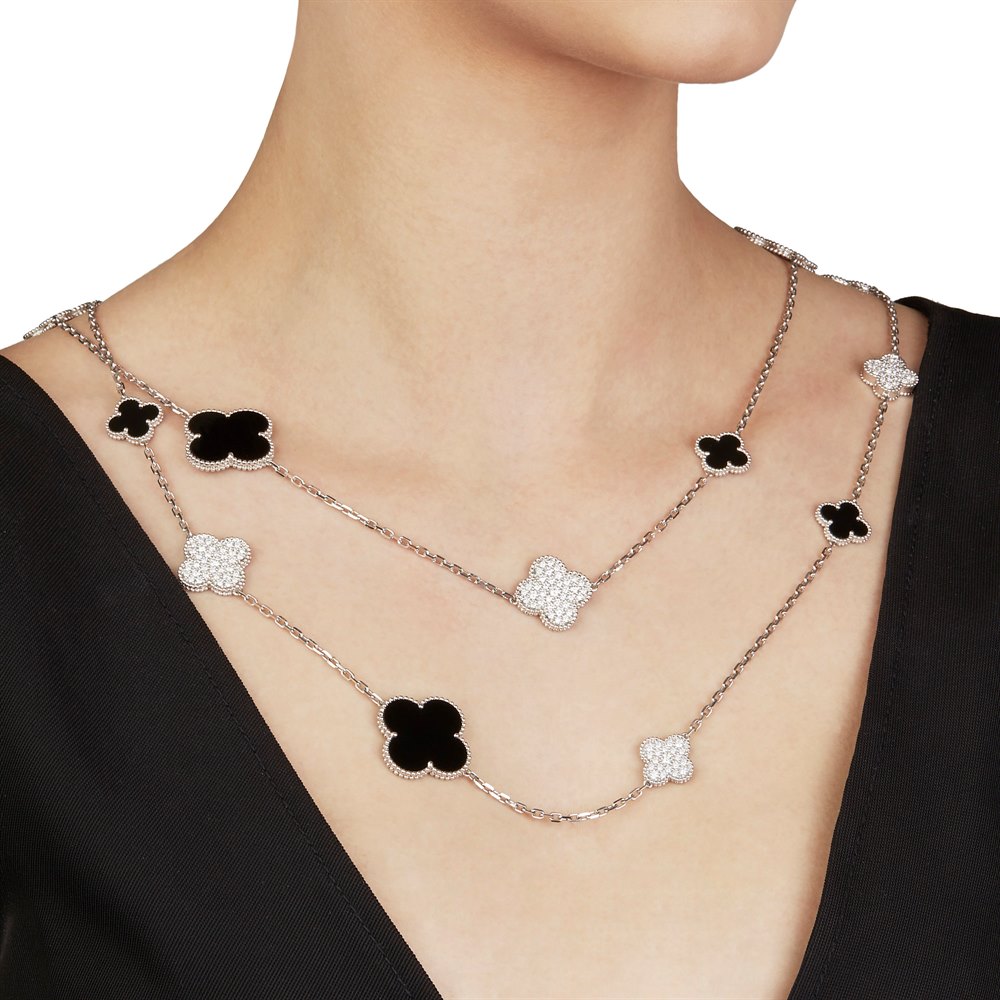 Van Cleef & Arpels 18k White Gold Onyx & Diamond Limited Edition Fifth Avenue Magic Alhambra Necklace