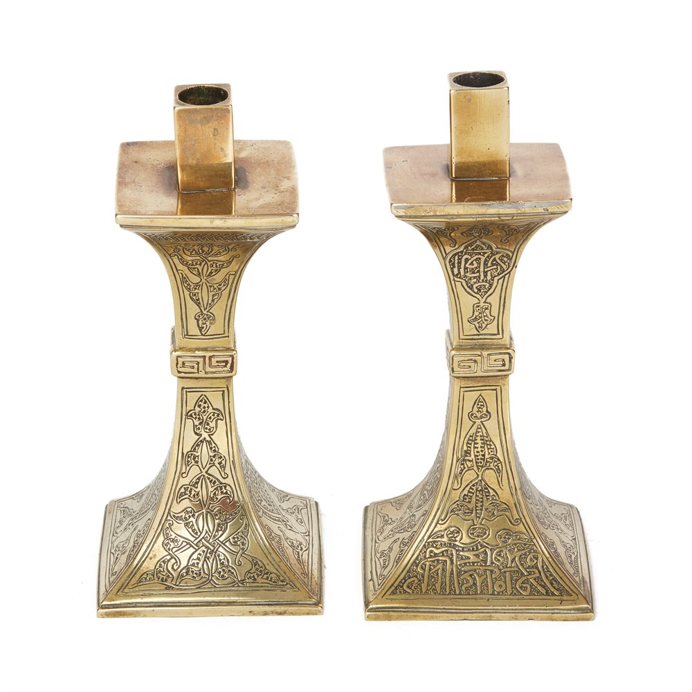 ANTIQUE ISLAMIC CALLIGRAPHY BRASS CANDLESTICKS 19TH C. Believed 19th or very early 20th Century