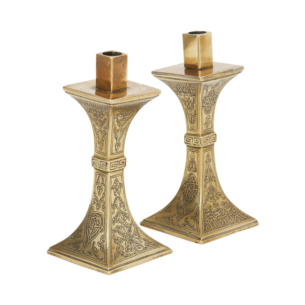 ANTIQUE ISLAMIC CALLIGRAPHY BRASS CANDLESTICKS 19TH C. Believed 19th or very early 20th Century