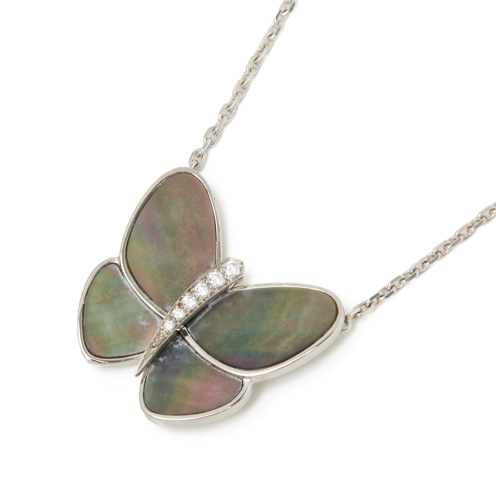 Van Cleef & Arpels 18k White Gold Grey Mother Of Pearl & Diamond Fly & Flutter Butterfly Necklace
