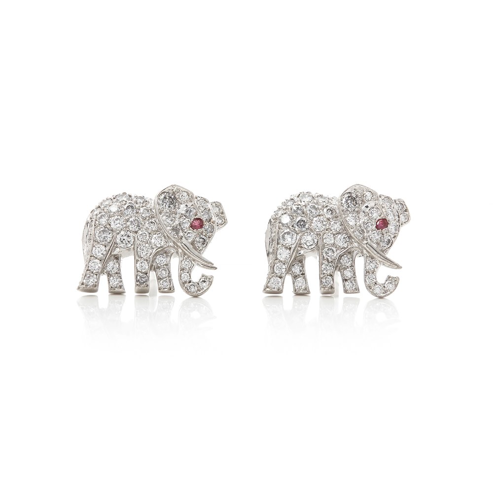 Cartier 18k White Gold Diamond & Ruby Elephant Bespoke Stud Earrings