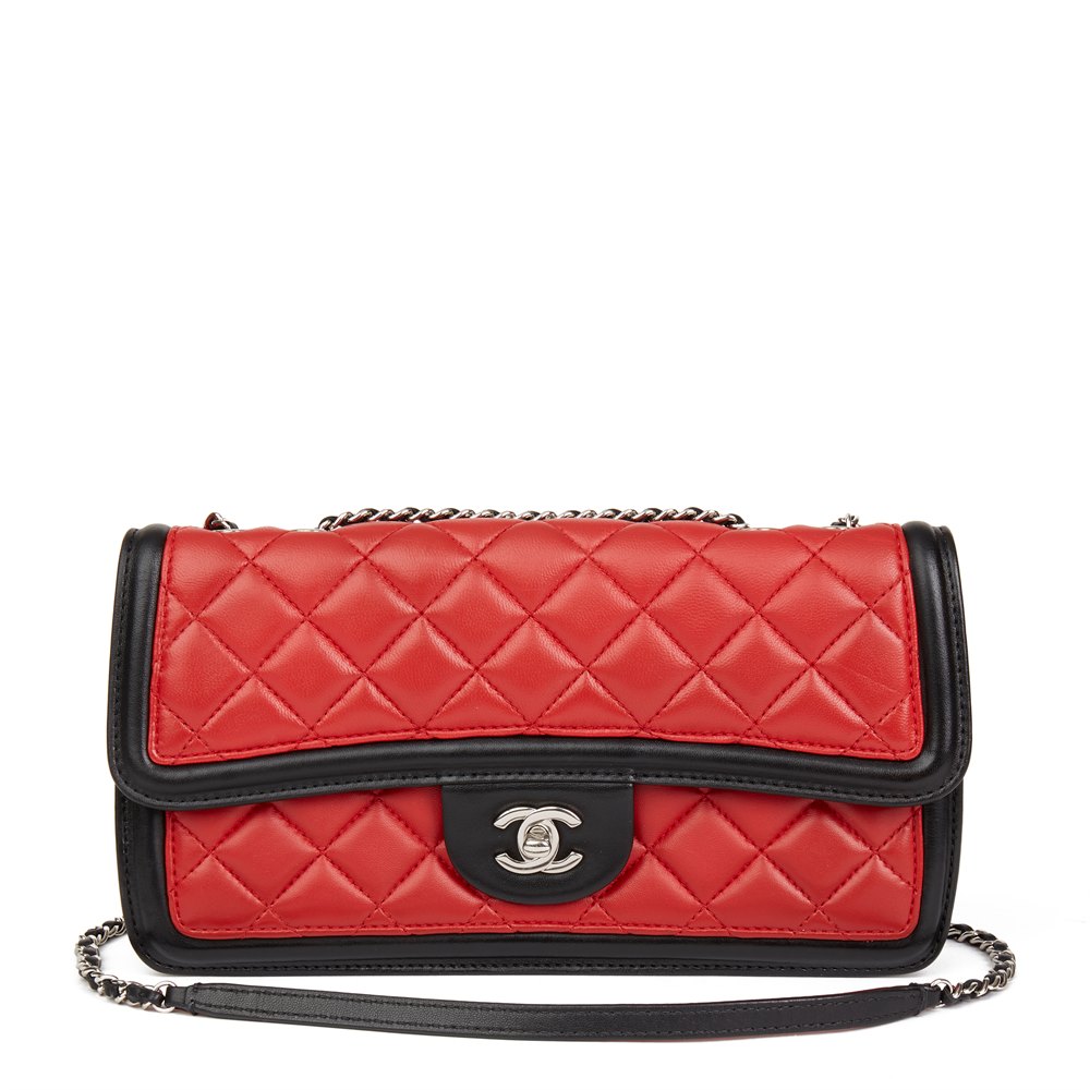 Chanel Lambskin Grosgrain Two Tone Medium Flap Bag Red Black