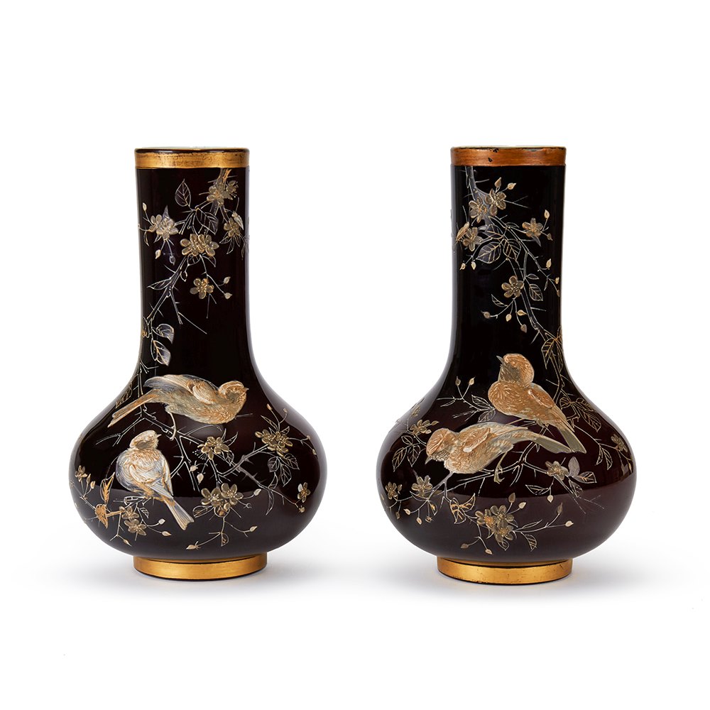 PAIR RUBY OVERLAY BIRD APPLIED GLASS VASES 19TH C. Latter 19th Century