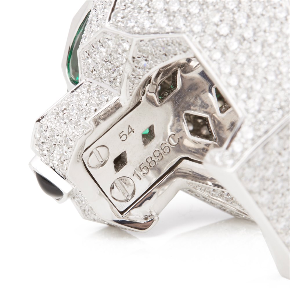 Cartier 18k White Gold Diamond, Emerald & Onyx Large Panthère Ring