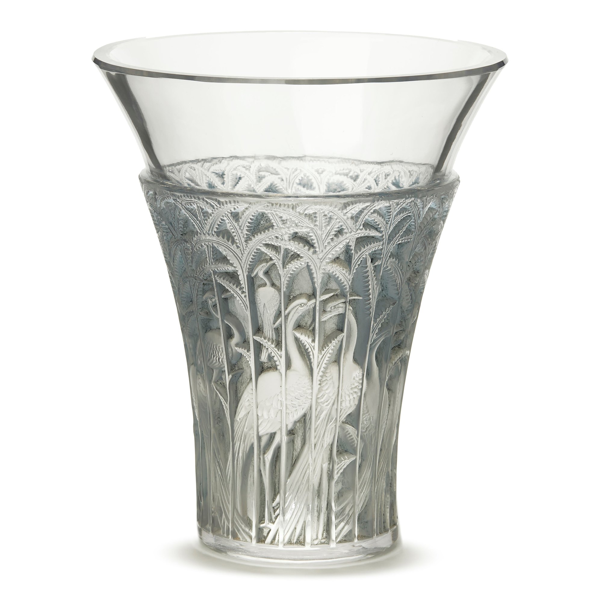 RENE LALIQUE IBIS BLUE TINTED GLASS VASE DESIGNED 1934 Designed 1934