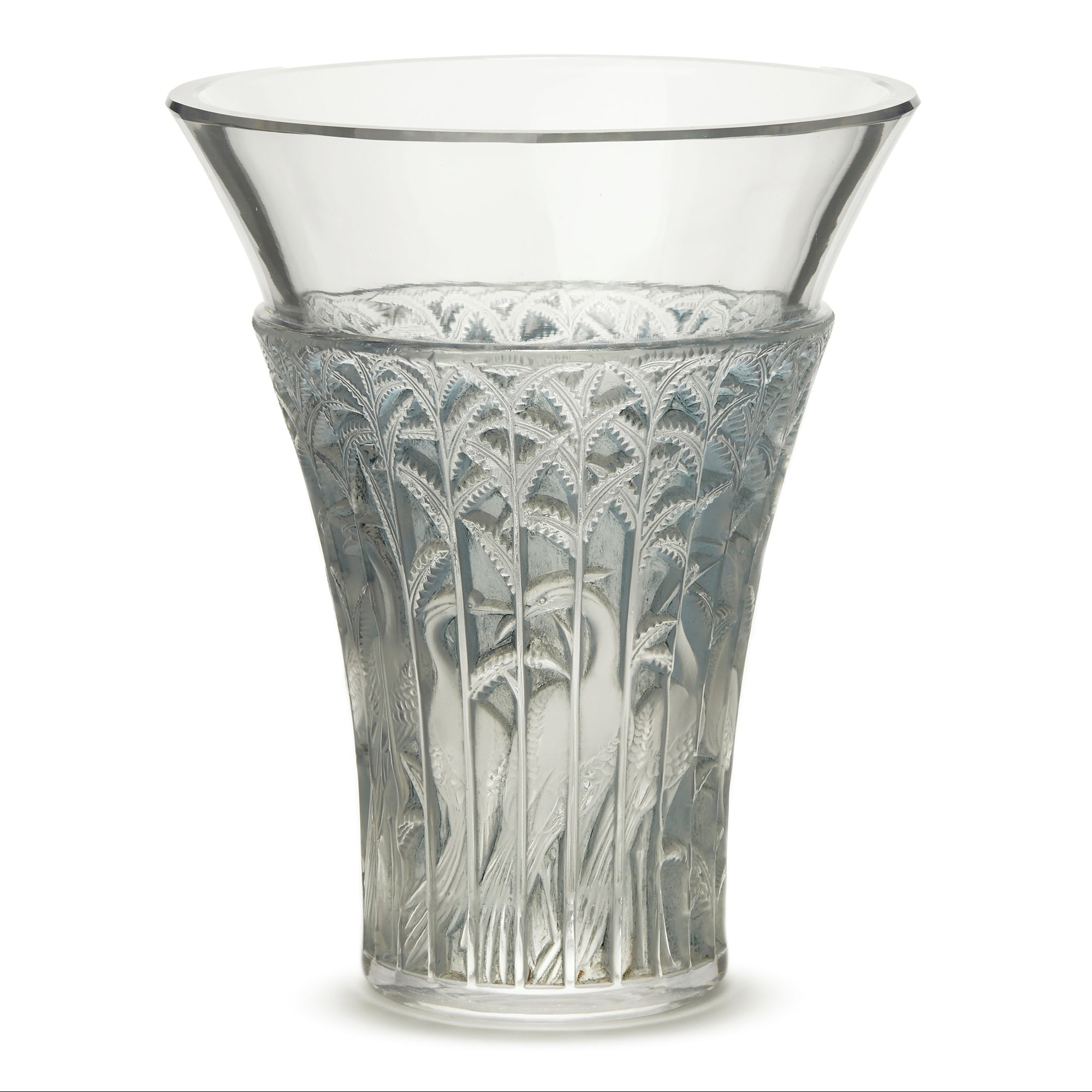 RENE LALIQUE IBIS BLUE TINTED GLASS VASE DESIGNED 1934 Designed 1934