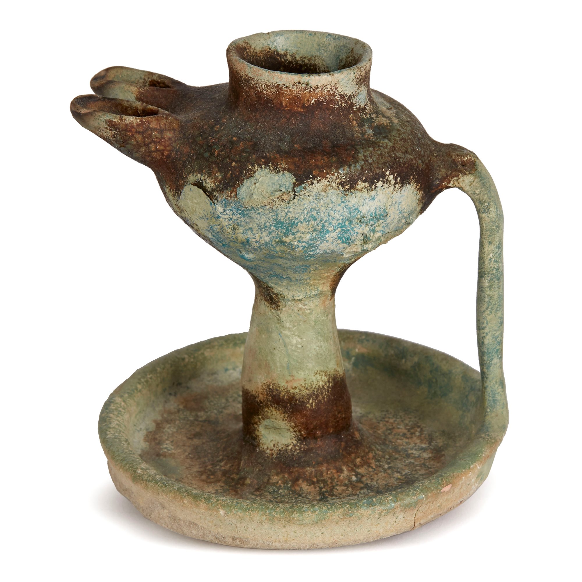 ANTIQUE ISLAMIC TWIN FLAME GLAZED POTTERY OIL LAMP 15TH C. Dates from the 15th Century
