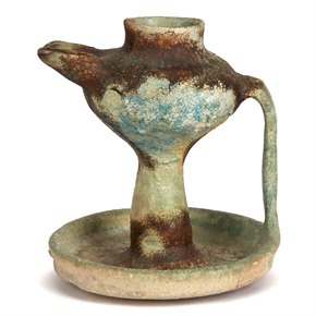 ANTIQUE ISLAMIC TWIN FLAME GLAZED POTTERY OIL LAMP 15TH C.