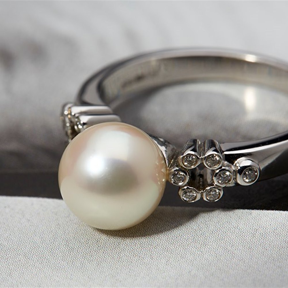 Mikimoto Lace 18k White Gold Akoya Pearl & Diamond Ring