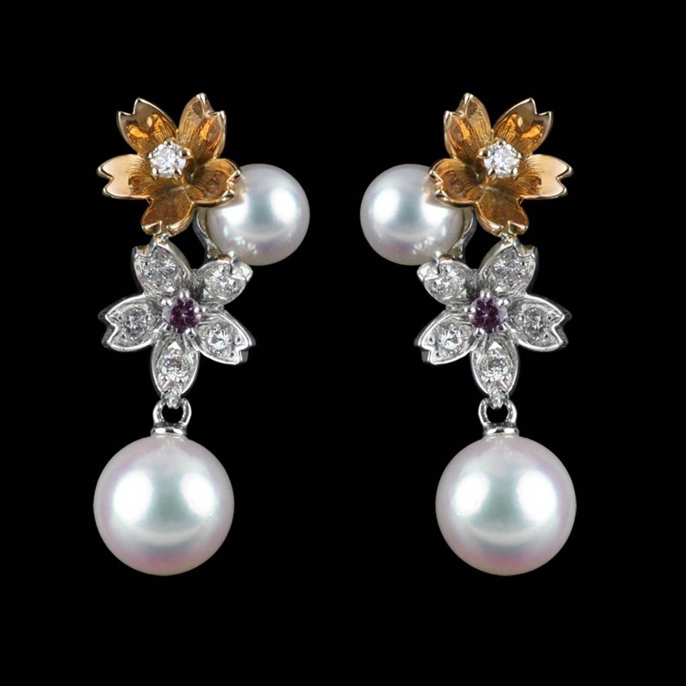 Mikimoto Blossom 18k White & Rose Gold Akoya Pearl Diamond Earrings ...