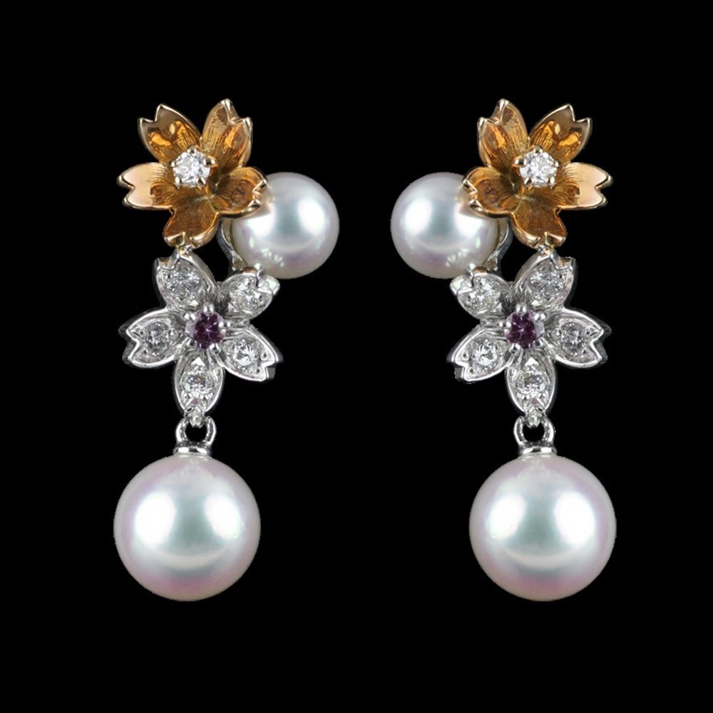 Mikimoto Blossom 18k White & Rose Gold Akoya Pearl Diamond Earrings