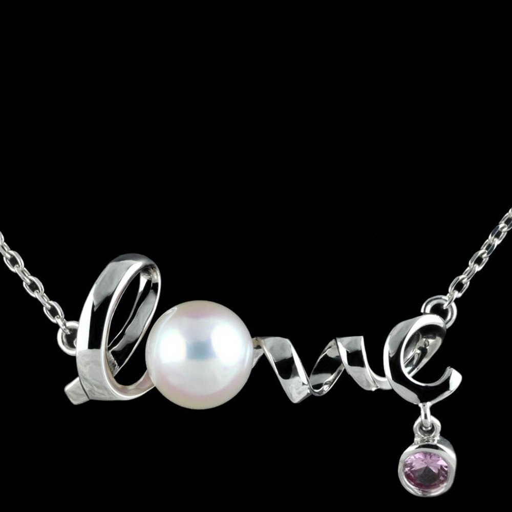 Mikimoto Love 18k White Gold Akoya Pearl & Pink Sapphire Pendant Necklace