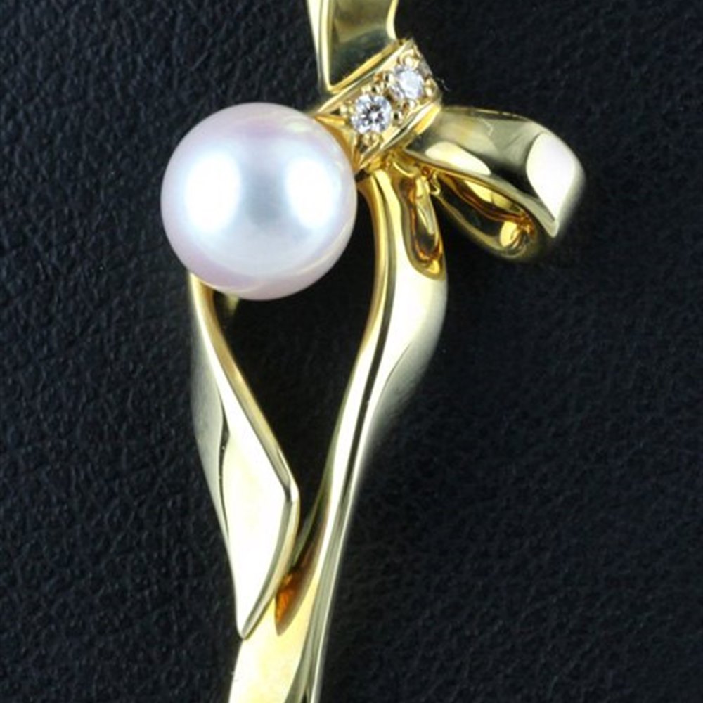 Mikimoto Bow 18k Yellow Gold Akoya Pearl & Diamond Pendant Necklace