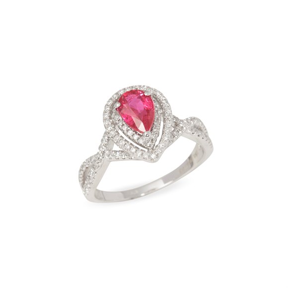 David Jerome Certified 1.02ct Untreated Burmese Pear Cut Ruby and Diamond 18ct gold Ring