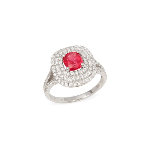 David Jerome Certified 1.5ct Untreated Cushion Cut Ruby and Diamond 18ct gold Ring