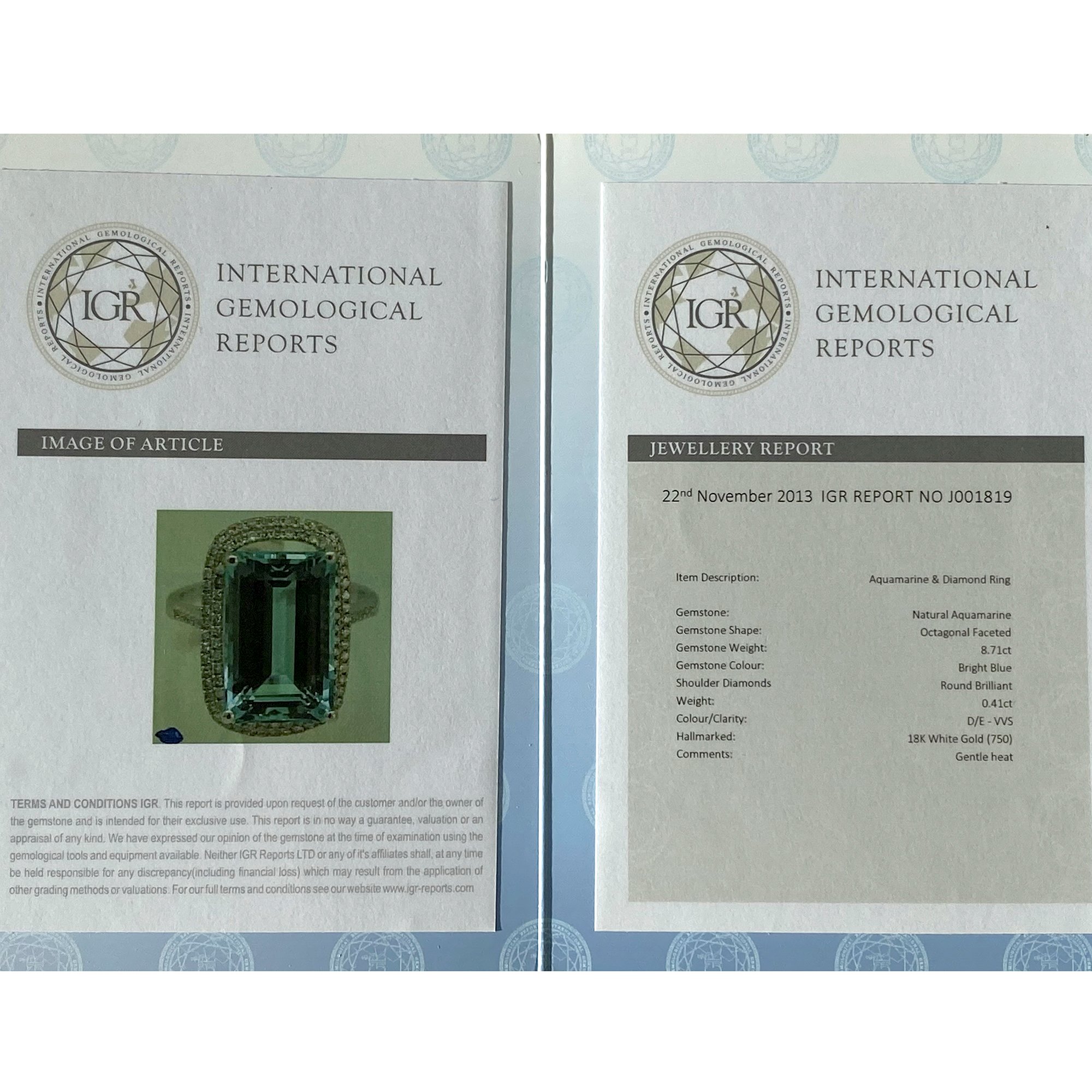 David Jerome Certified 8.71ct Brazilian Aquamarine and Diamond 18ct gold Ring