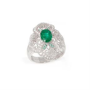 David Jerome Certified 1.72ct Oval cut Emerald and Diamond 18ct gold Ring