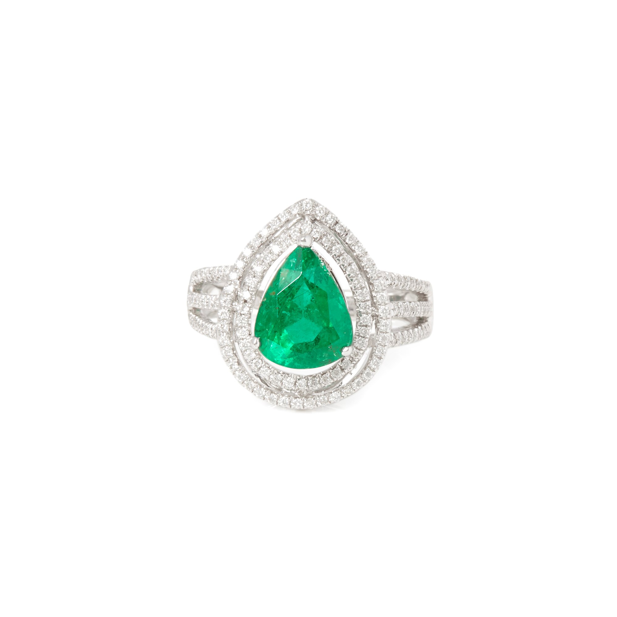 David Jerome Certified 3.68ct Untreated Zambian Pear Cut Emerald and Diamond 18ct Gold Ring