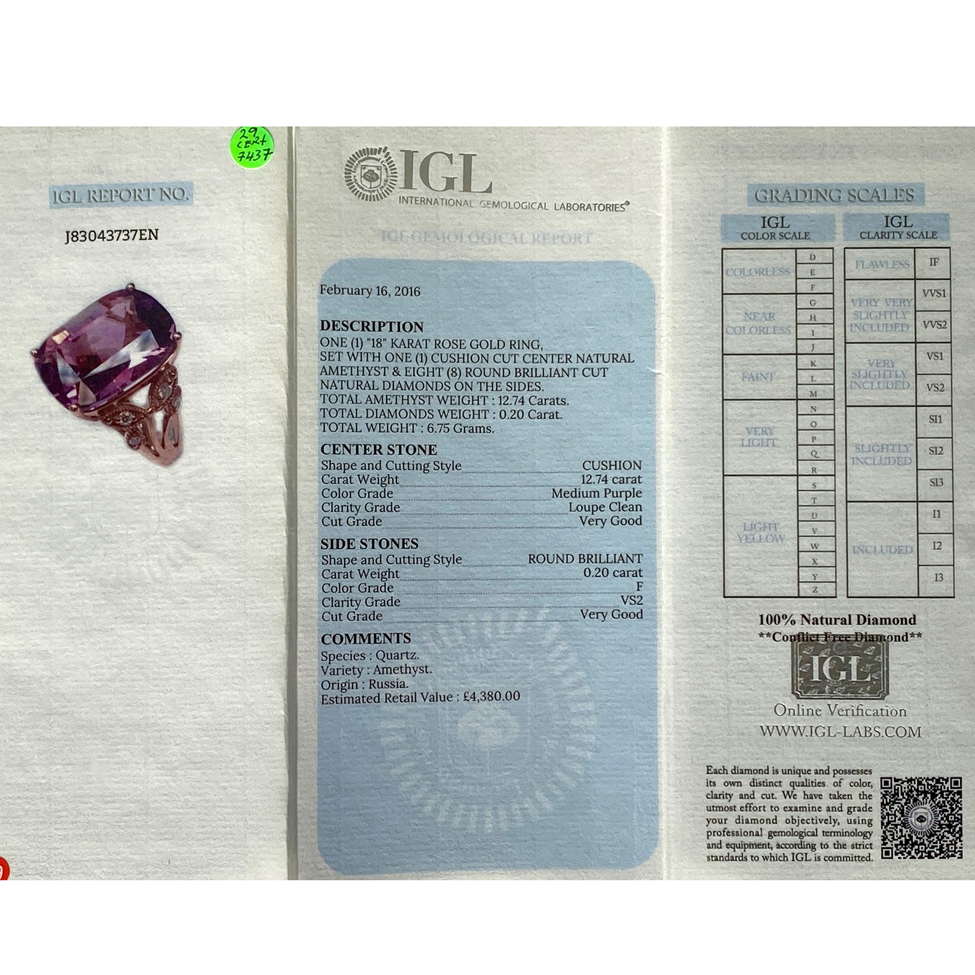 David Jerome Certified 12.74ct Russian Amethyst and Diamond 18ct gold Ring
