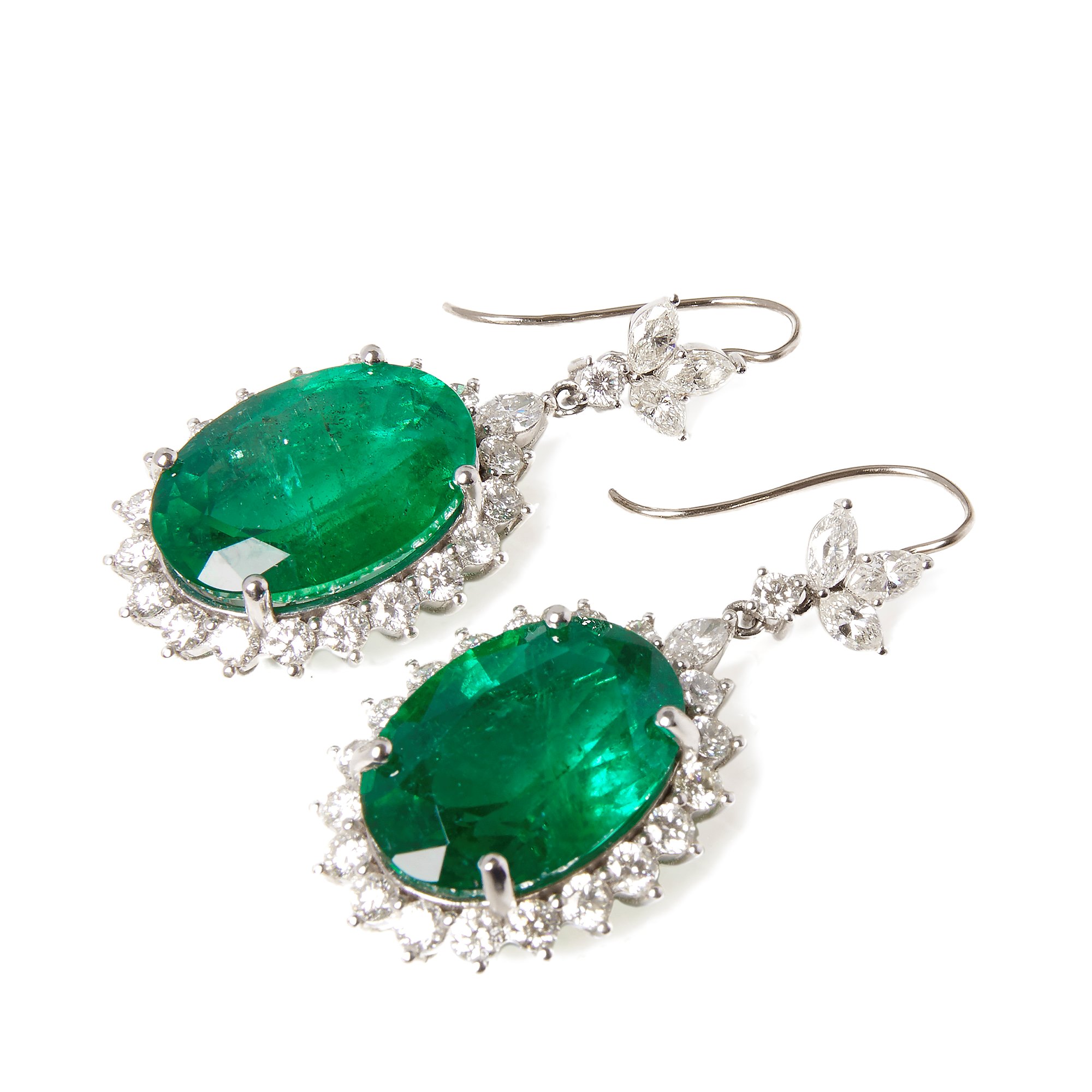 David Jerome 35.17ct Oval Cut Colombian Emerald and Diamond 18ct Gold Drop Earrings