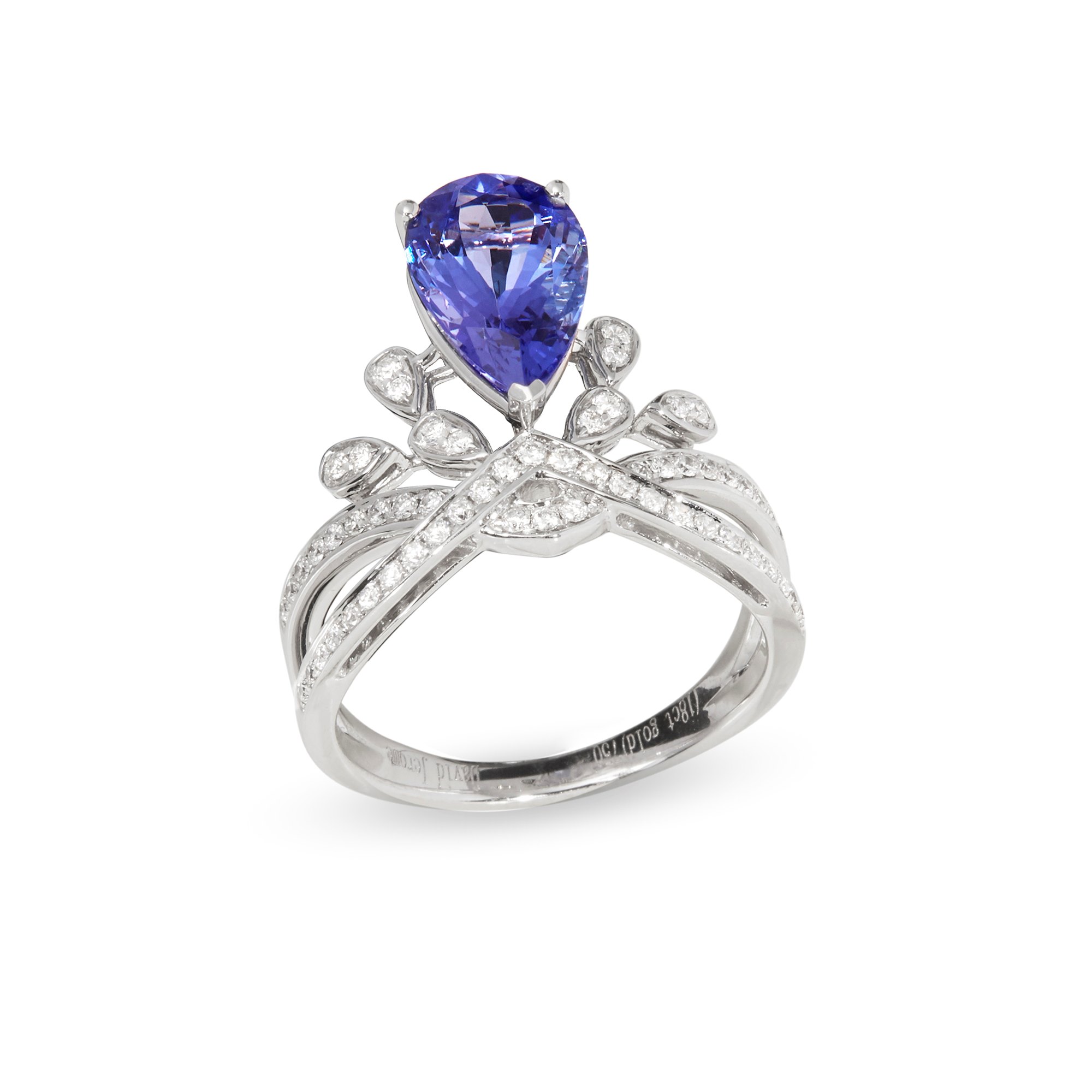 David Jerome Certified 2.7ct Untreated Pear Cut Tanzanite and Diamond 18ct Gold Ring