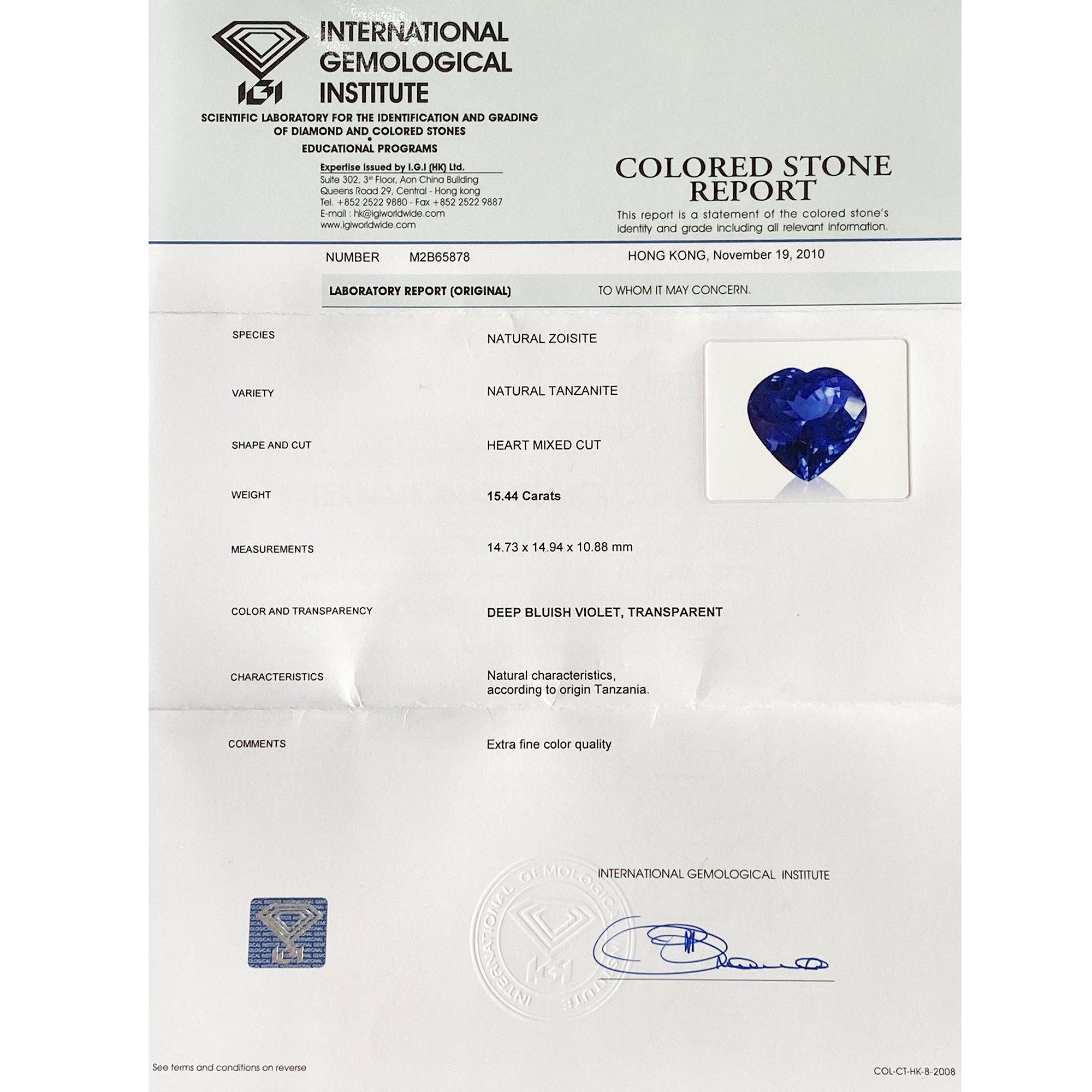 David Jerome Certified 15.44ct Heart Cut Tanzanite and Diamond 18ct Gold Ring
