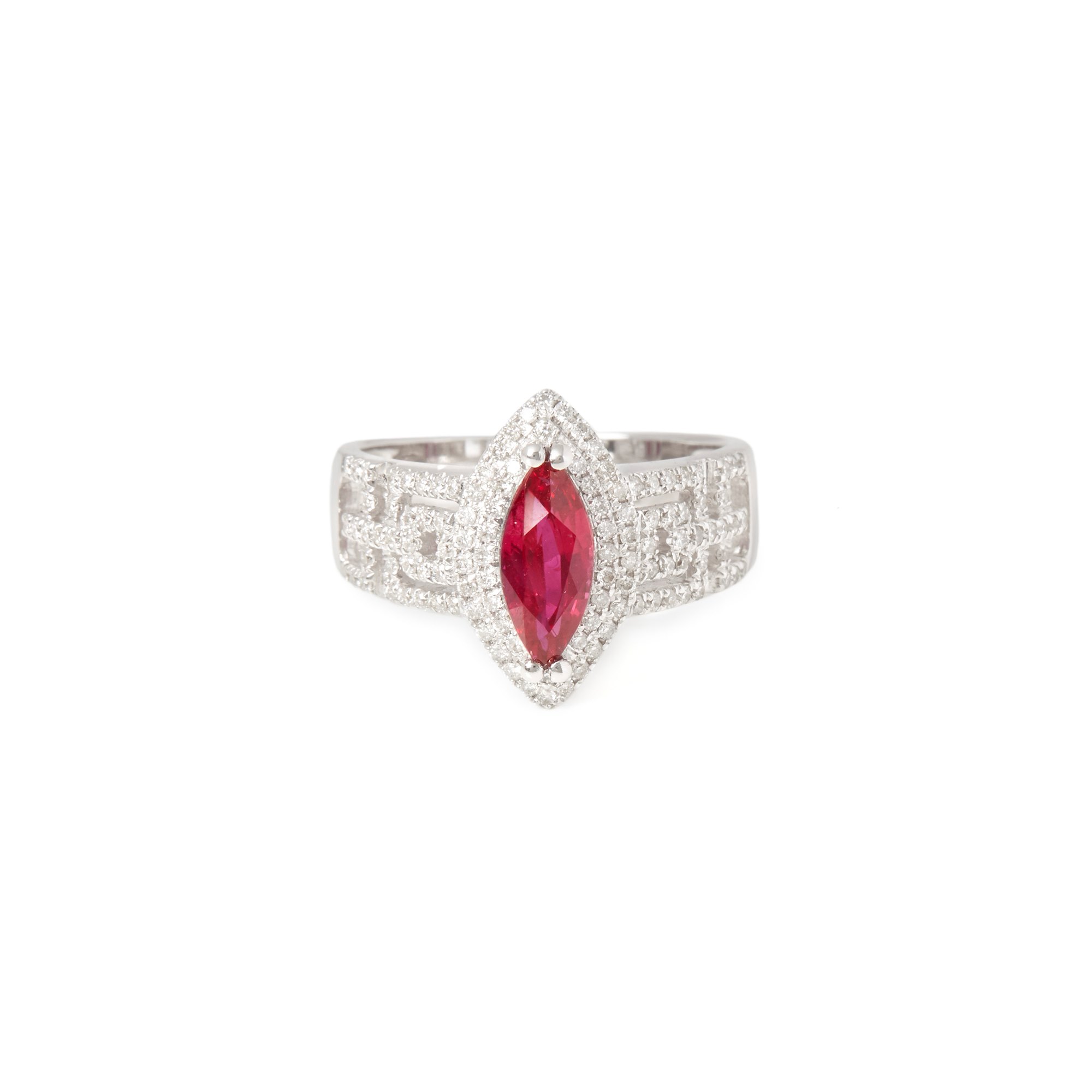 David Jerome Certified 1.13ct Untreated Burmese Marquise Cut Ruby and Diamond 18ct Gold Ring