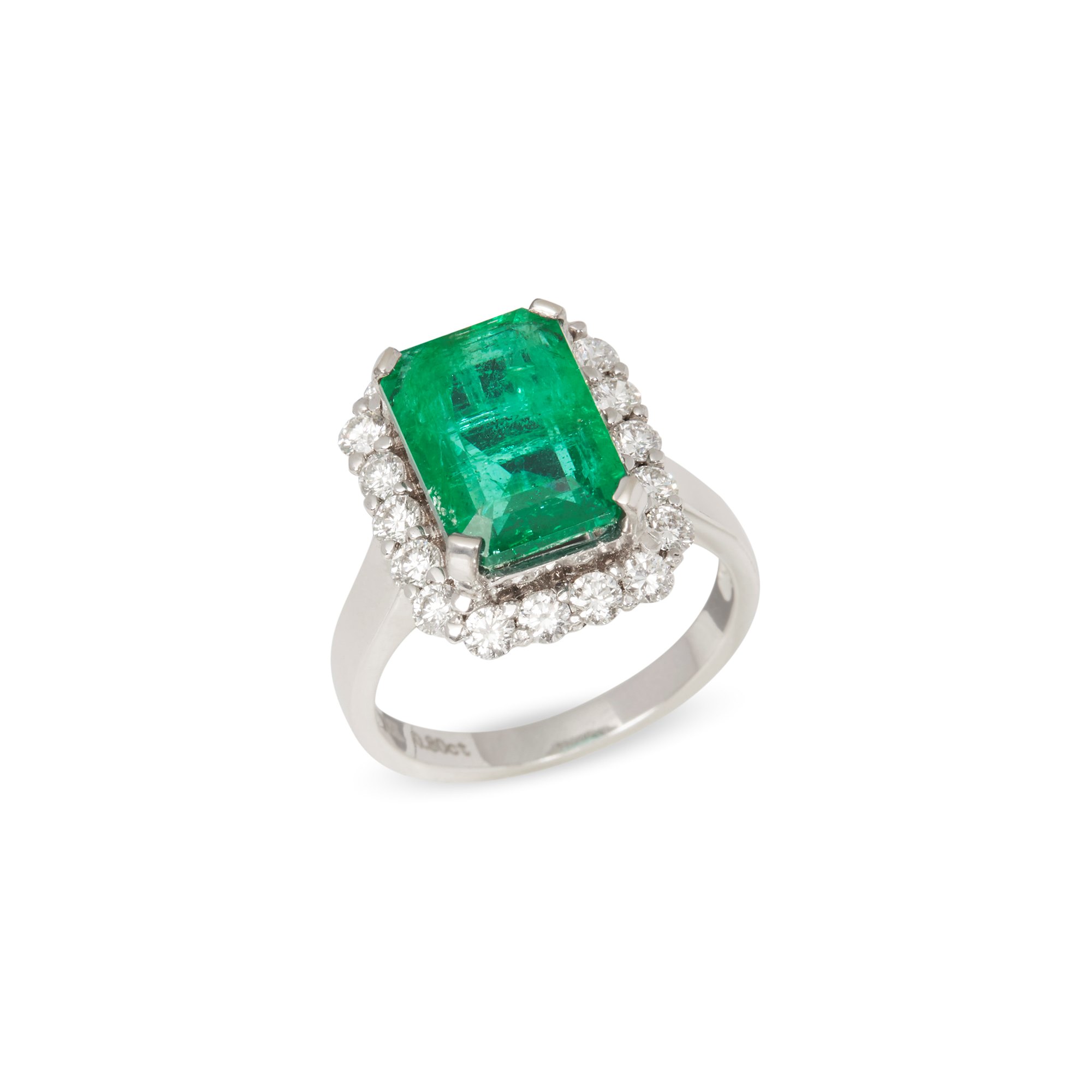 David Jerome Certified 4.58ct Colombian Emerald Cut Emerald and Diamond 18ct gold Ring